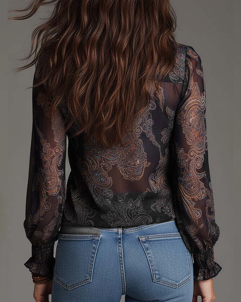 Women’s Ruffle V-Neck Paisley Blouse