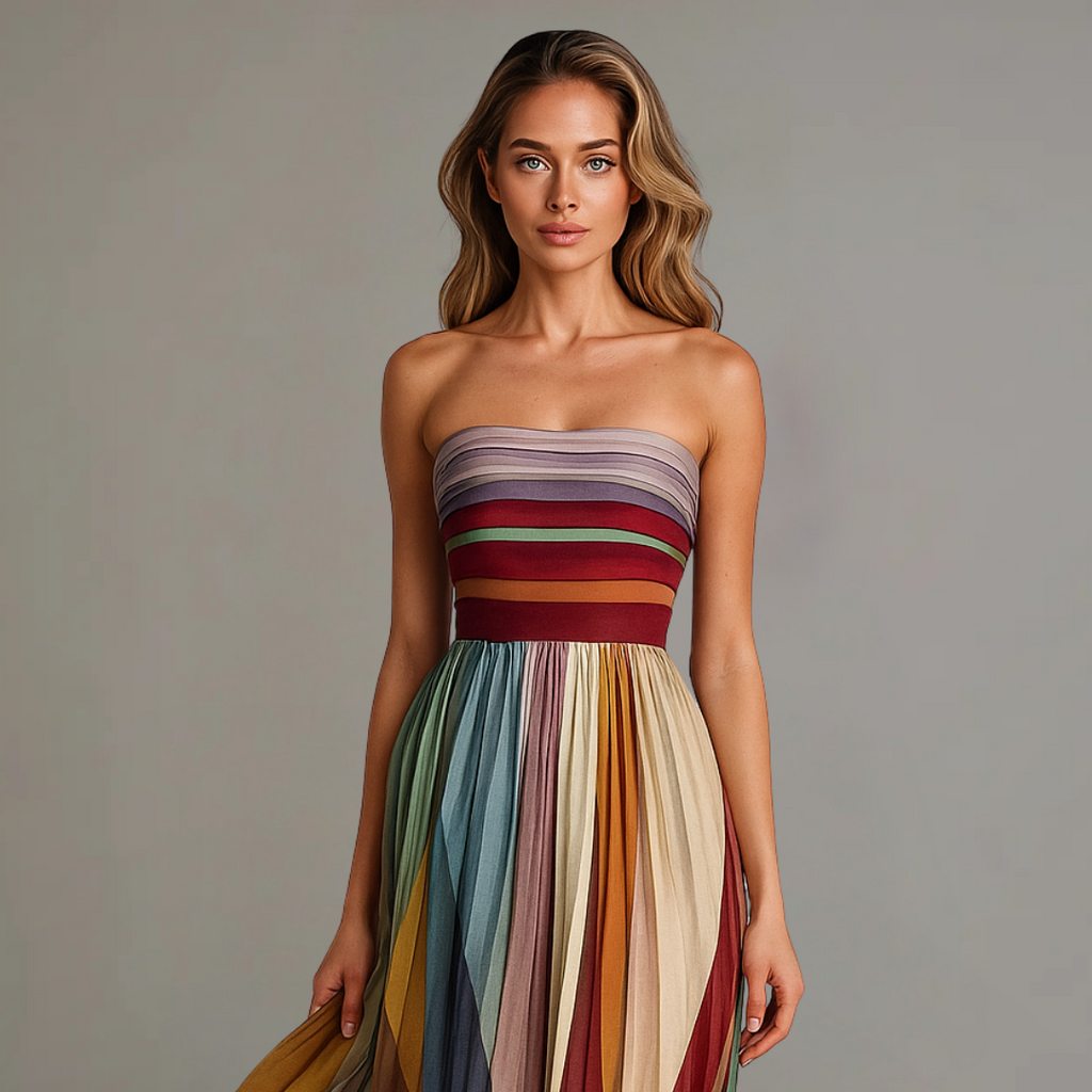 Women's Strapless Pleated Striped Dress