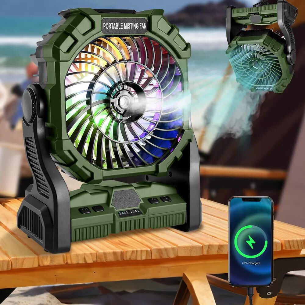 Portable Camping Fan │ Misting, LED & USB Port │ Tent & Outdoor