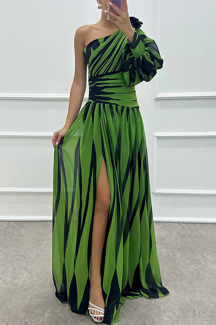 Women's One-Shoulder Puff Sleeve High-Slit Maxi Dress