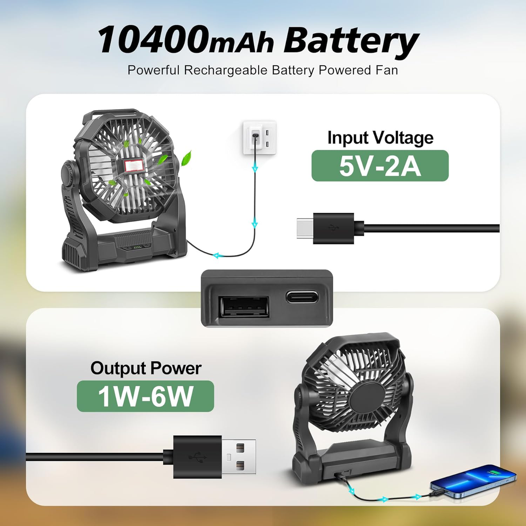 Camping LED Fan | 10400mAh Rechargeable | Tent & Beach | Black