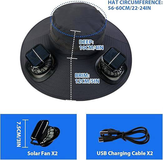Solar Fan Sun Hat | UPF50+ UV Protection & Cooling Fans | Fishing & Hiking | Black