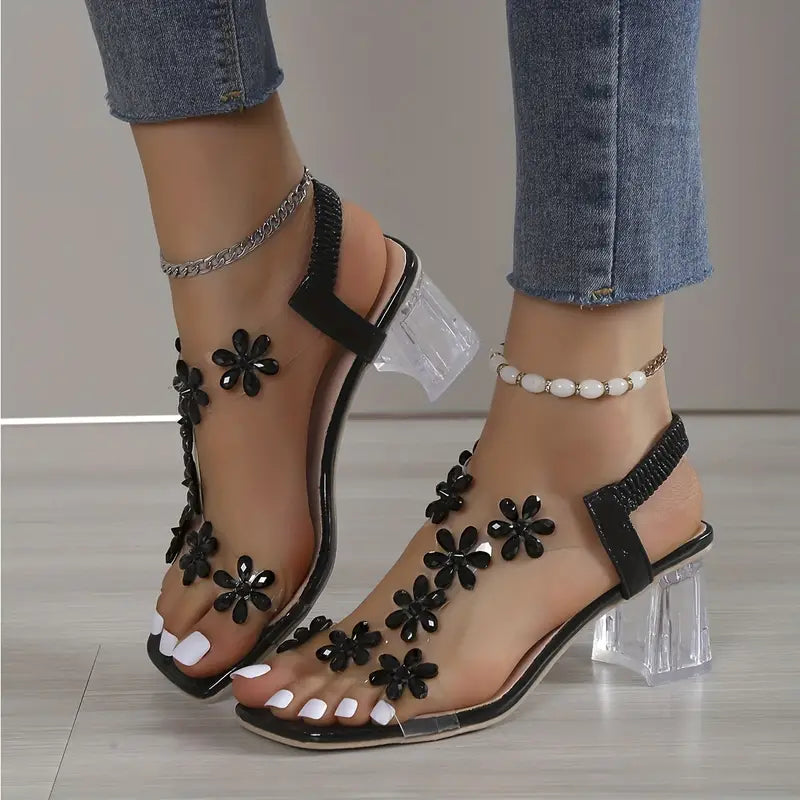 Covernorth Women's Rhinestone Flower Clear Block Heel Sandals