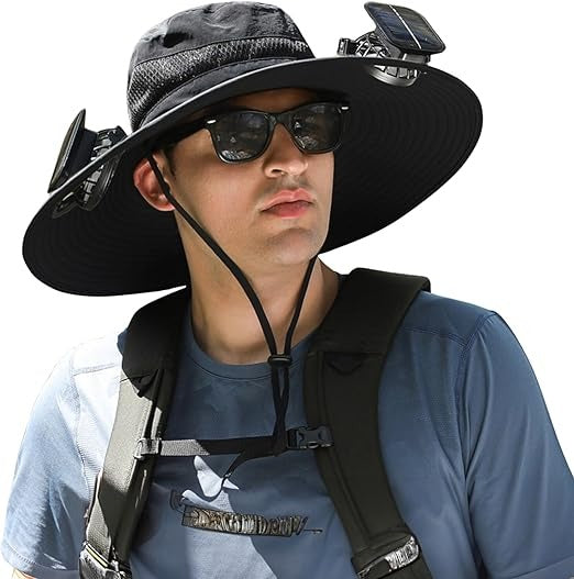 Solar Fan Sun Hat | UPF50+ UV Protection & Cooling Fans | Fishing & Hiking | Black