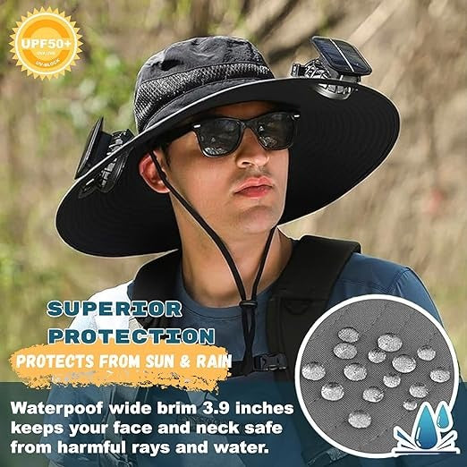 Solar Fan Sun Hat | UPF50+ UV Protection & Cooling Fans | Fishing & Hiking | Black