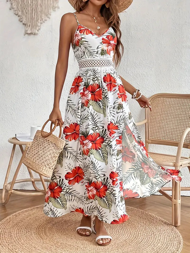 Covernorth Women's Tropical Leaf Print Crochet Waist Maxi Dress