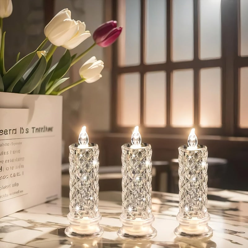 Crystal LED Candle | Flickering Flame Glow | Dining Table & Party | Clear