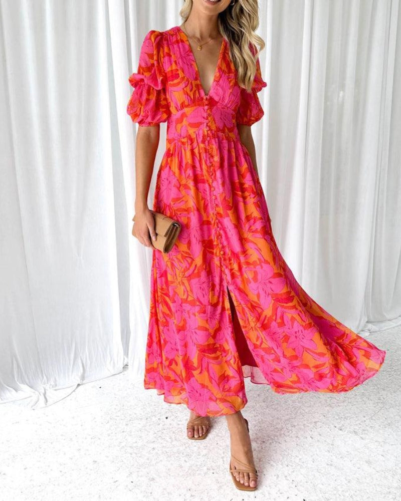 Covernorth Women's Floral V-Neck Puff Sleeve Maxi Dress