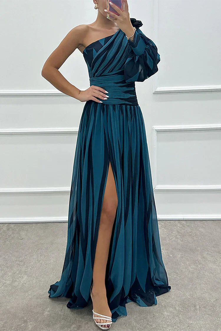 Women's One-Shoulder Puff Sleeve High-Slit Maxi Dress