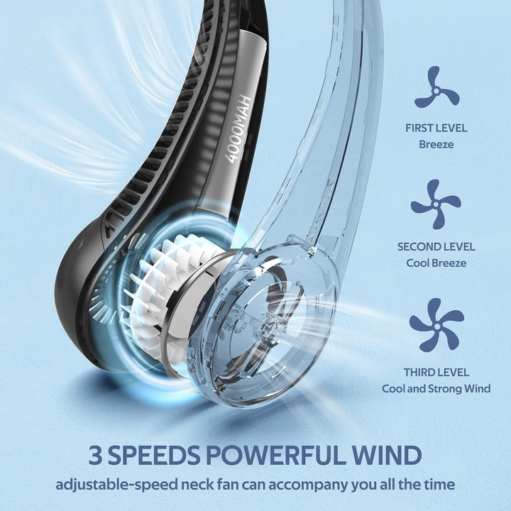 Bladeless Neck Fan | 4000mAh Quiet 3-Speed | Travel & Sport | Black