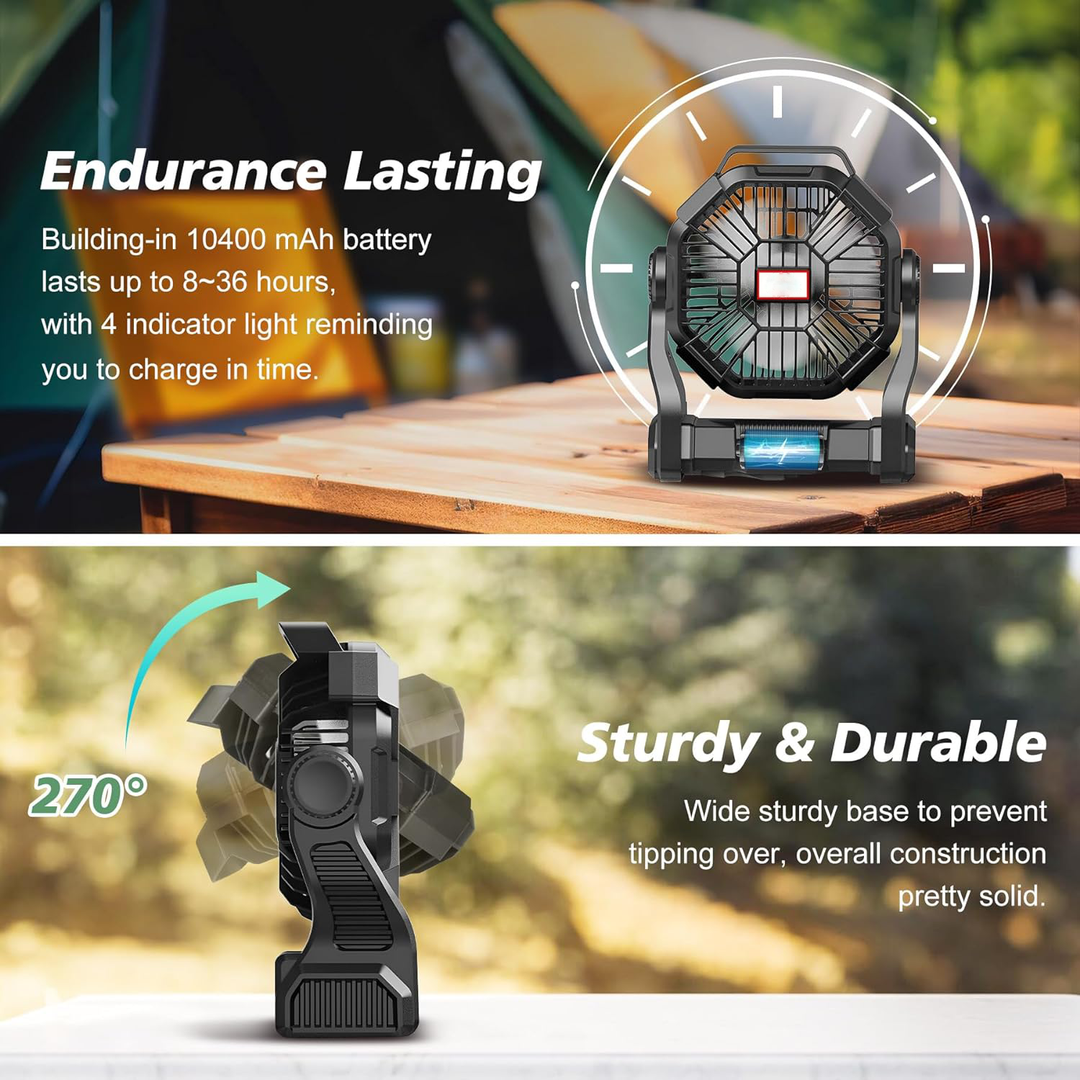 Camping LED Fan | 10400mAh Rechargeable | Tent & Beach | Black