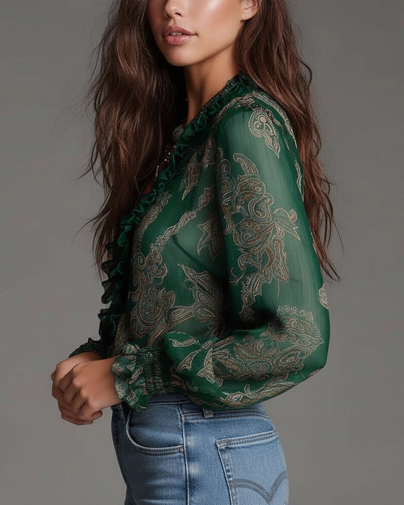 Women’s Ruffle V-Neck Paisley Blouse