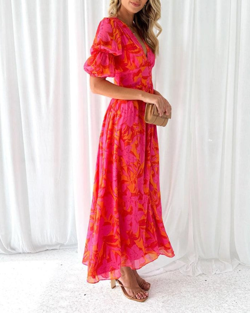 Covernorth Women's Floral V-Neck Puff Sleeve Maxi Dress