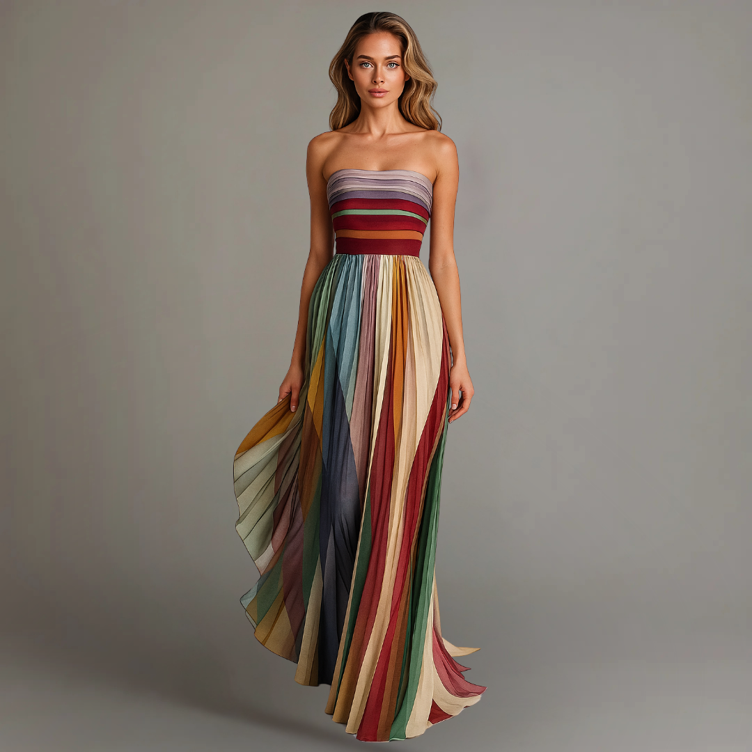 Women's Strapless Pleated Striped Dress