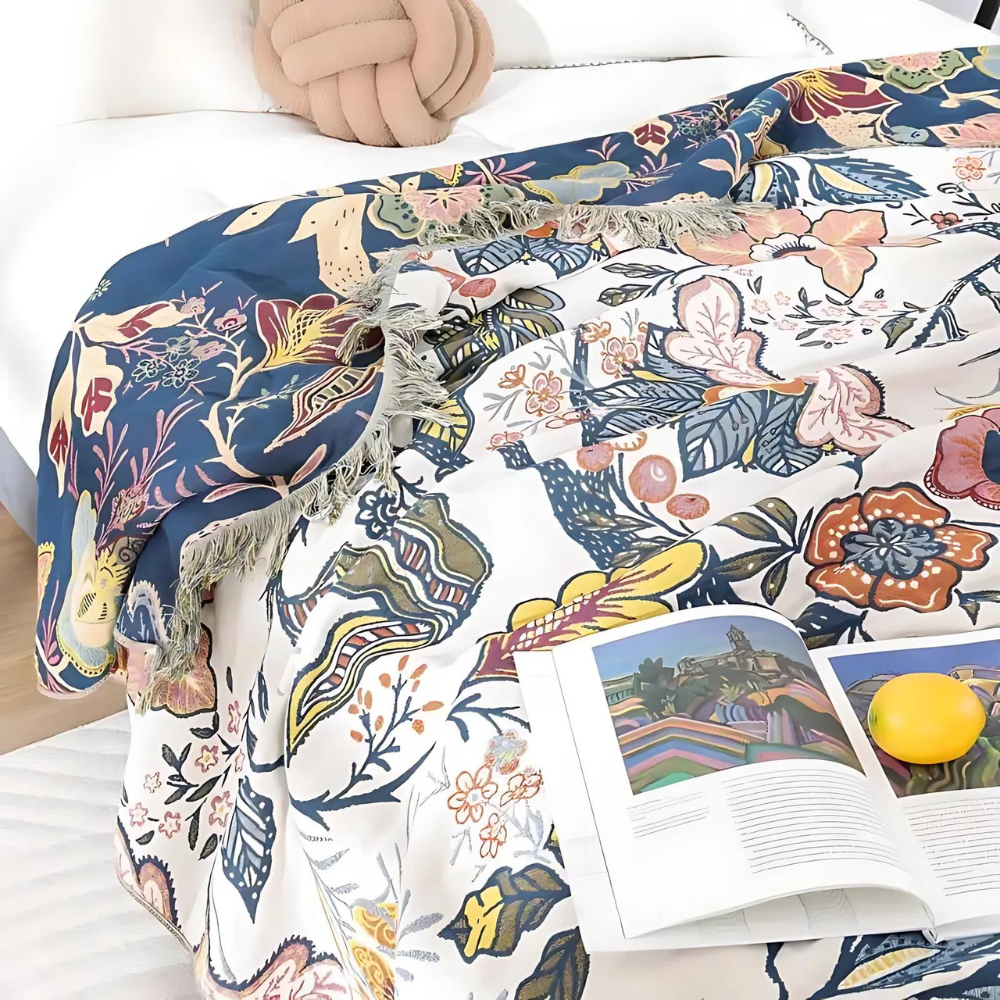 Vintage Floral Tapestry Throw Blanket with Tassels for Sofa Bed