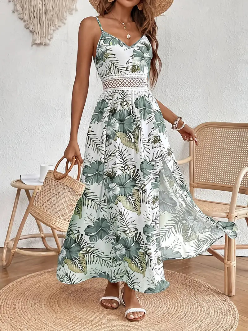 Covernorth Women's Tropical Leaf Print Crochet Waist Maxi Dress