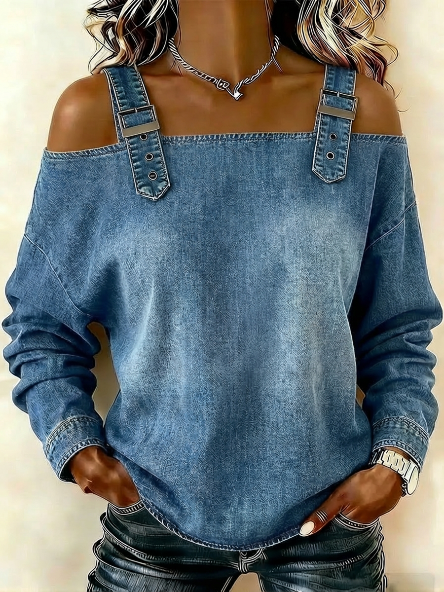Women's Off-Shoulder Denim Top with Buckle Straps