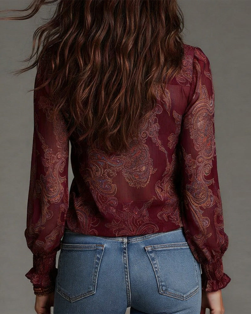 Women’s Ruffle V-Neck Paisley Blouse