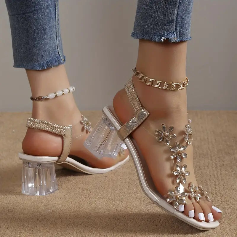 Covernorth Women's Rhinestone Flower Clear Block Heel Sandals