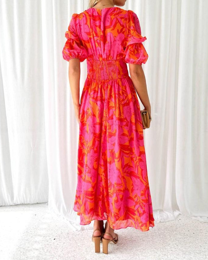Covernorth Women's Floral V-Neck Puff Sleeve Maxi Dress