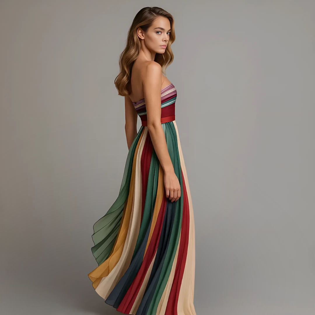 Women's Strapless Pleated Striped Dress