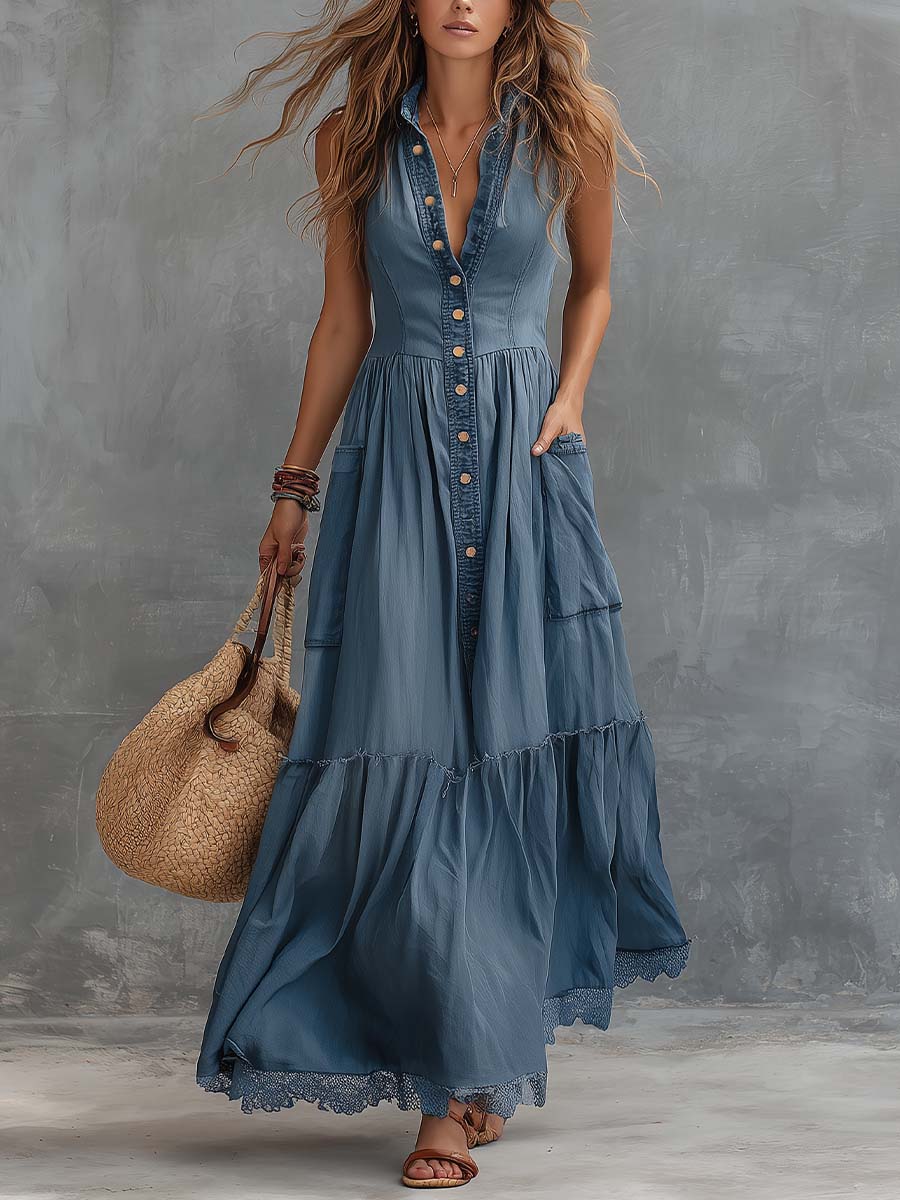 Covernorth Women's Button-Down Maxi Dress with Lace Trim
