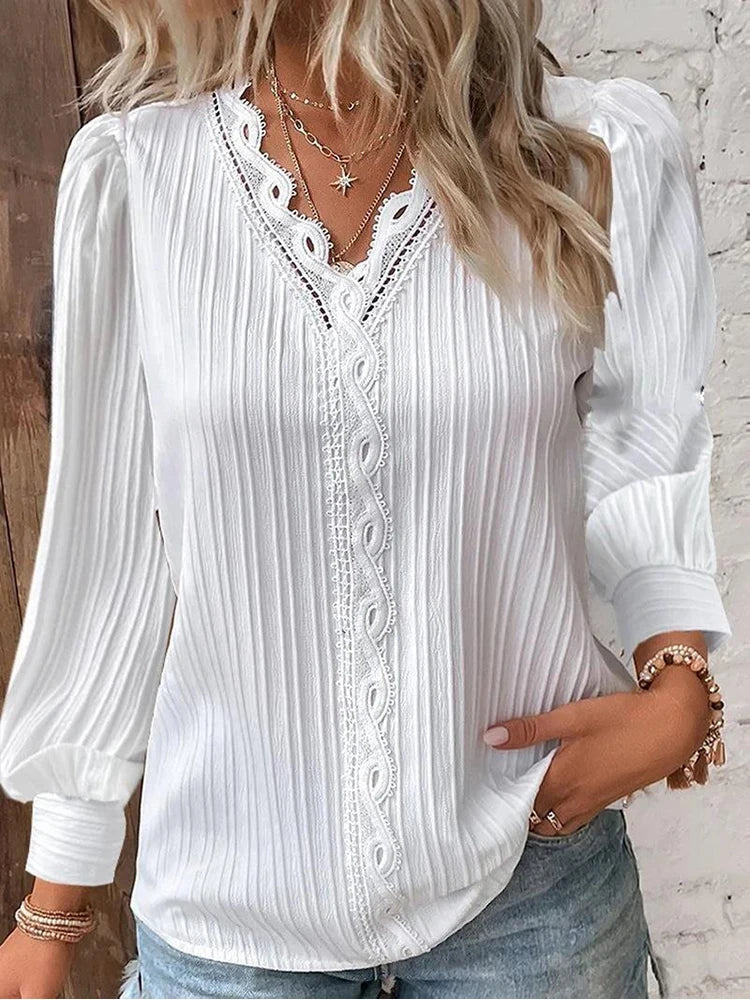 Women's V-Neck Long Sleeve Pleated Blouse