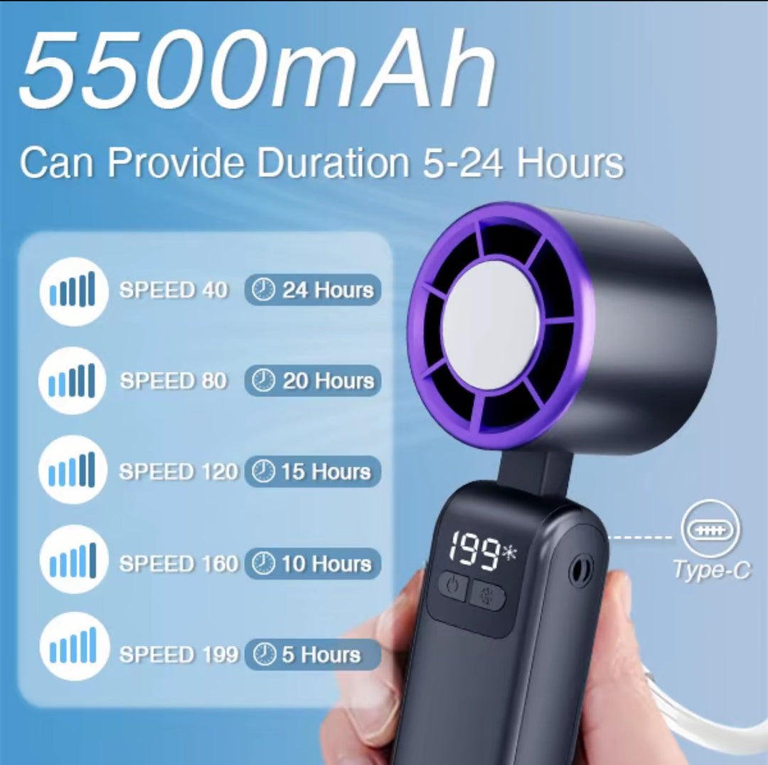 Bladeless Handheld Fan | LED Battery Display | Desk & Travel