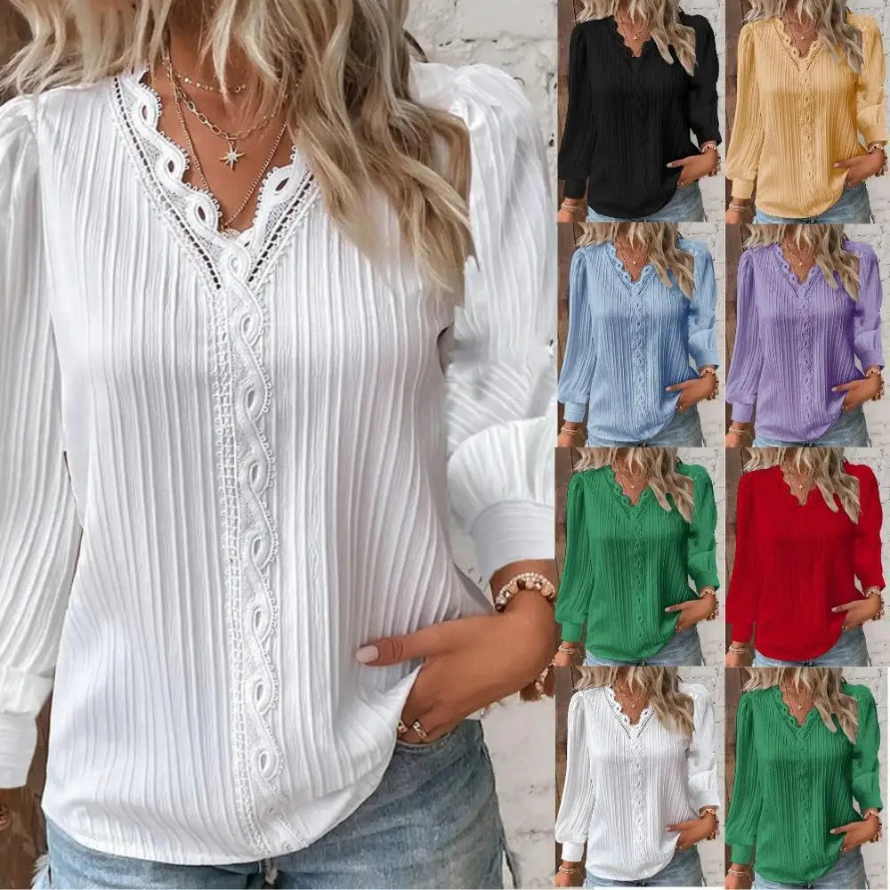 Women's V-Neck Long Sleeve Pleated Blouse