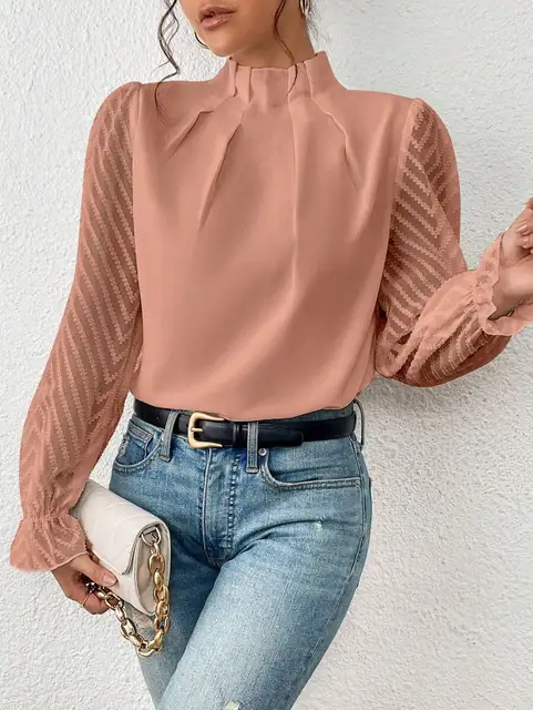 Women's Ruffle High-Neck Pleated Blouse with Sheer Sleeves