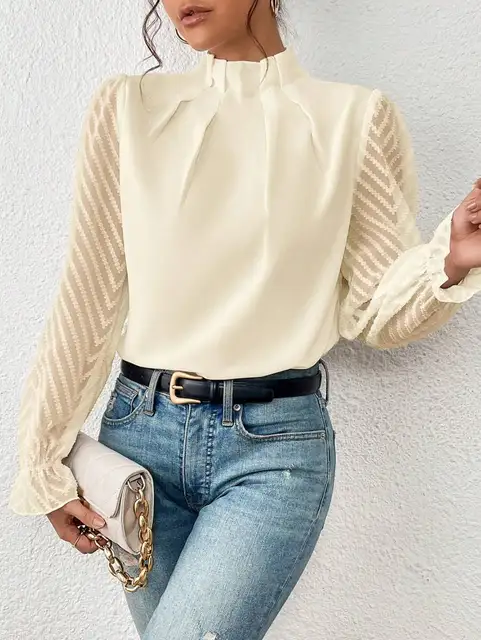 Women's Ruffle High-Neck Pleated Blouse with Sheer Sleeves