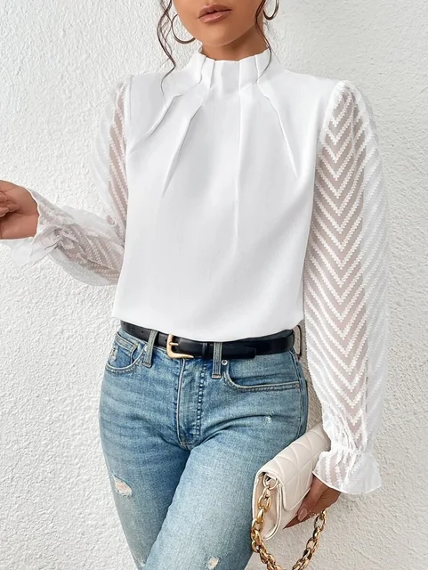 Women's Ruffle High-Neck Pleated Blouse with Sheer Sleeves