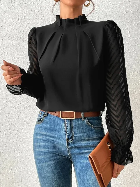 Women's Ruffle High-Neck Pleated Blouse with Sheer Sleeves