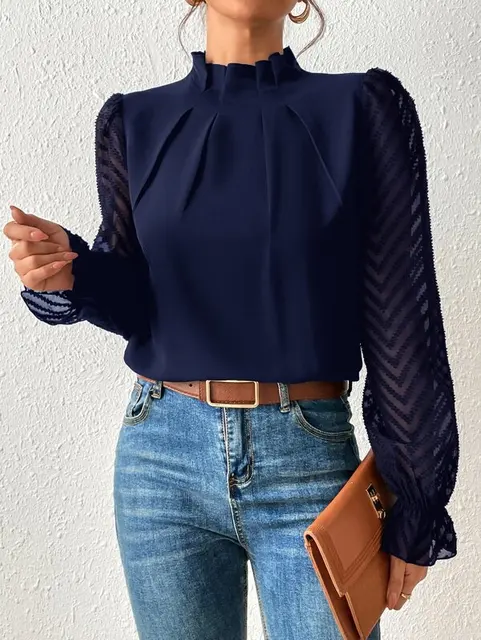 Women's Ruffle High-Neck Pleated Blouse with Sheer Sleeves