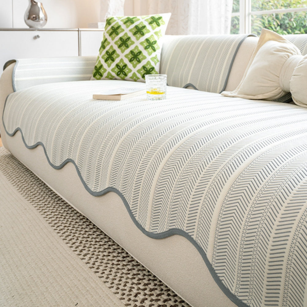 Minimalist Scalloped Sofa Cover Textured Non-Slip Couch Slipcover