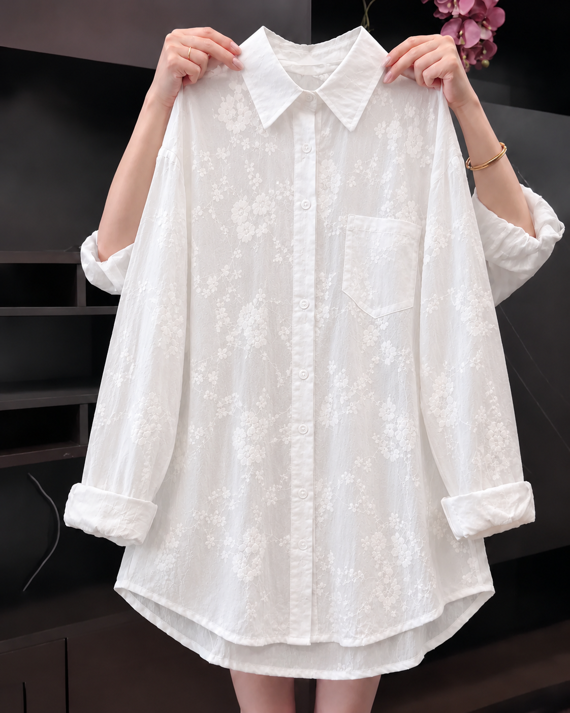 Women's Linen Floral Embroidered Button Down