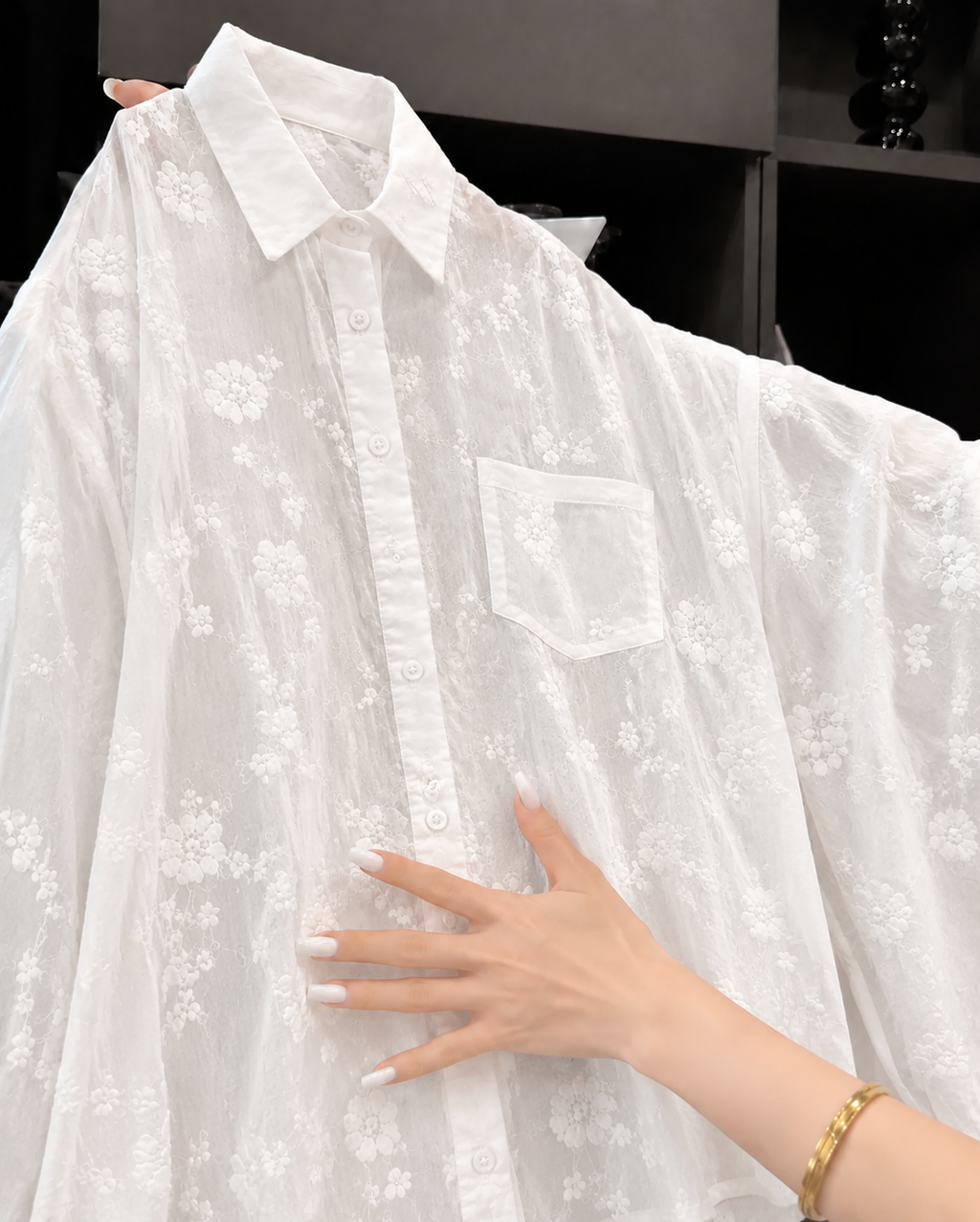 Women's Linen Floral Embroidered Button Down
