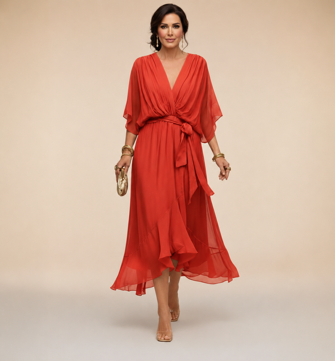 Women’s V-Neck Pleated Wrap Midi Dress