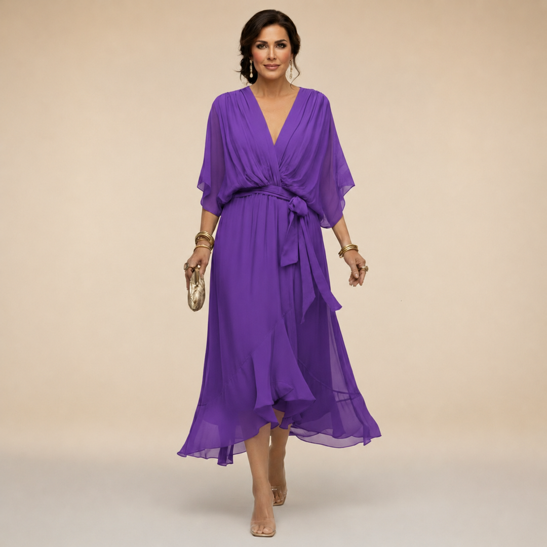 Women’s V-Neck Pleated Wrap Midi Dress