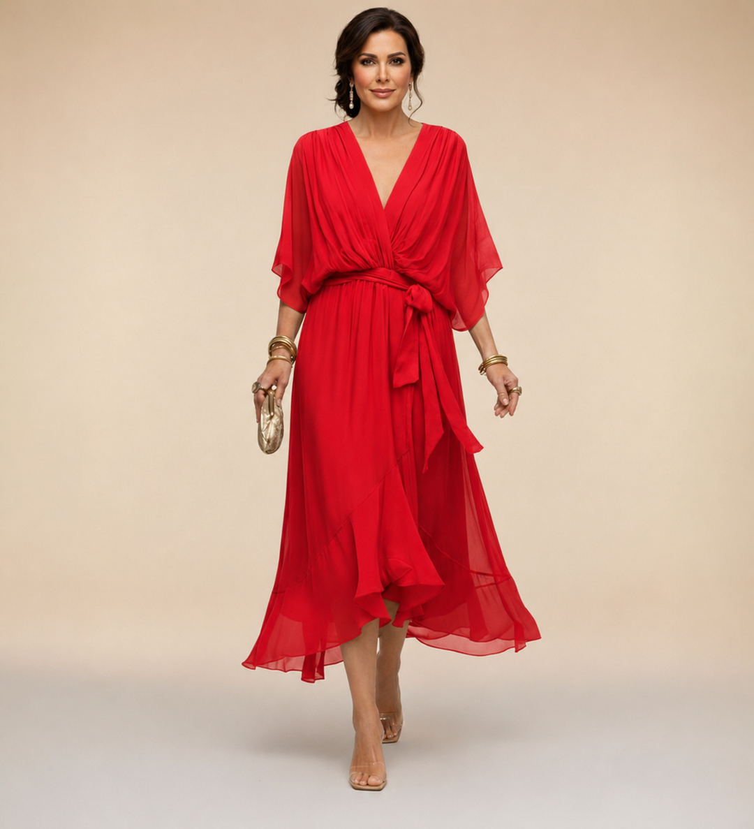 Women’s V-Neck Pleated Wrap Midi Dress