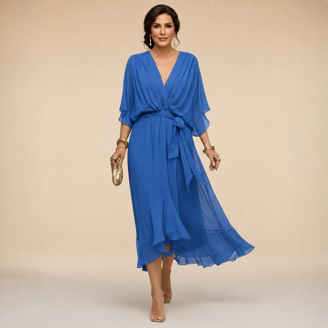 Women’s V-Neck Pleated Wrap Midi Dress
