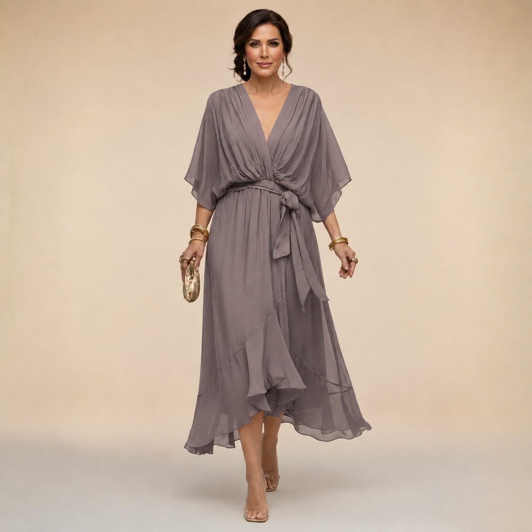 Women’s V-Neck Pleated Wrap Midi Dress