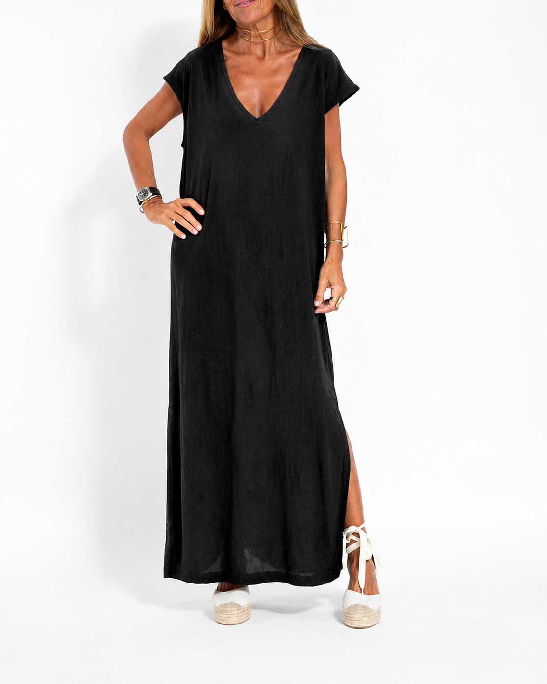 Women V Neck Maxi Dress Side Slit Short Sleeve