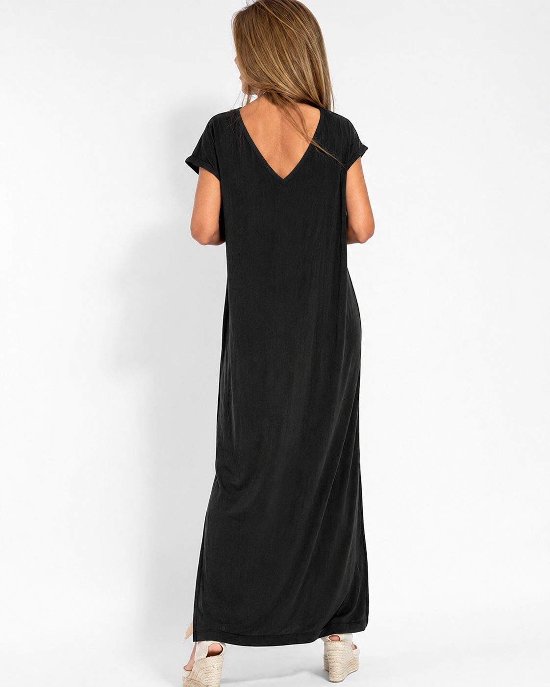 Women V Neck Maxi Dress Side Slit Short Sleeve
