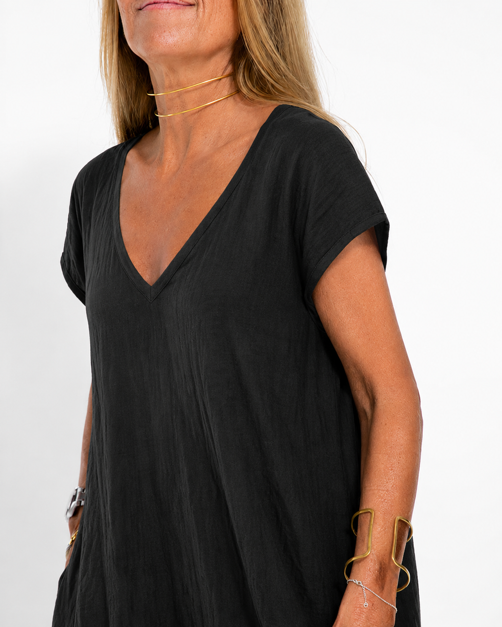 Women V Neck Maxi Dress Side Slit Short Sleeve