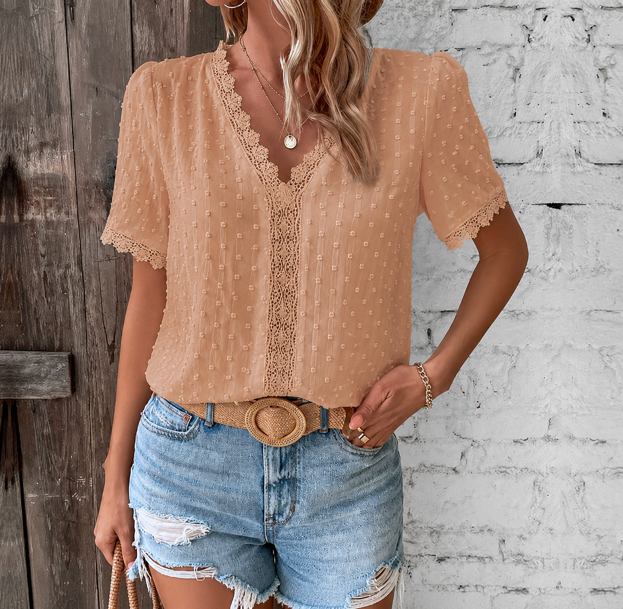 Women's Chiffon Blouse Short Sleeve V Neck Top