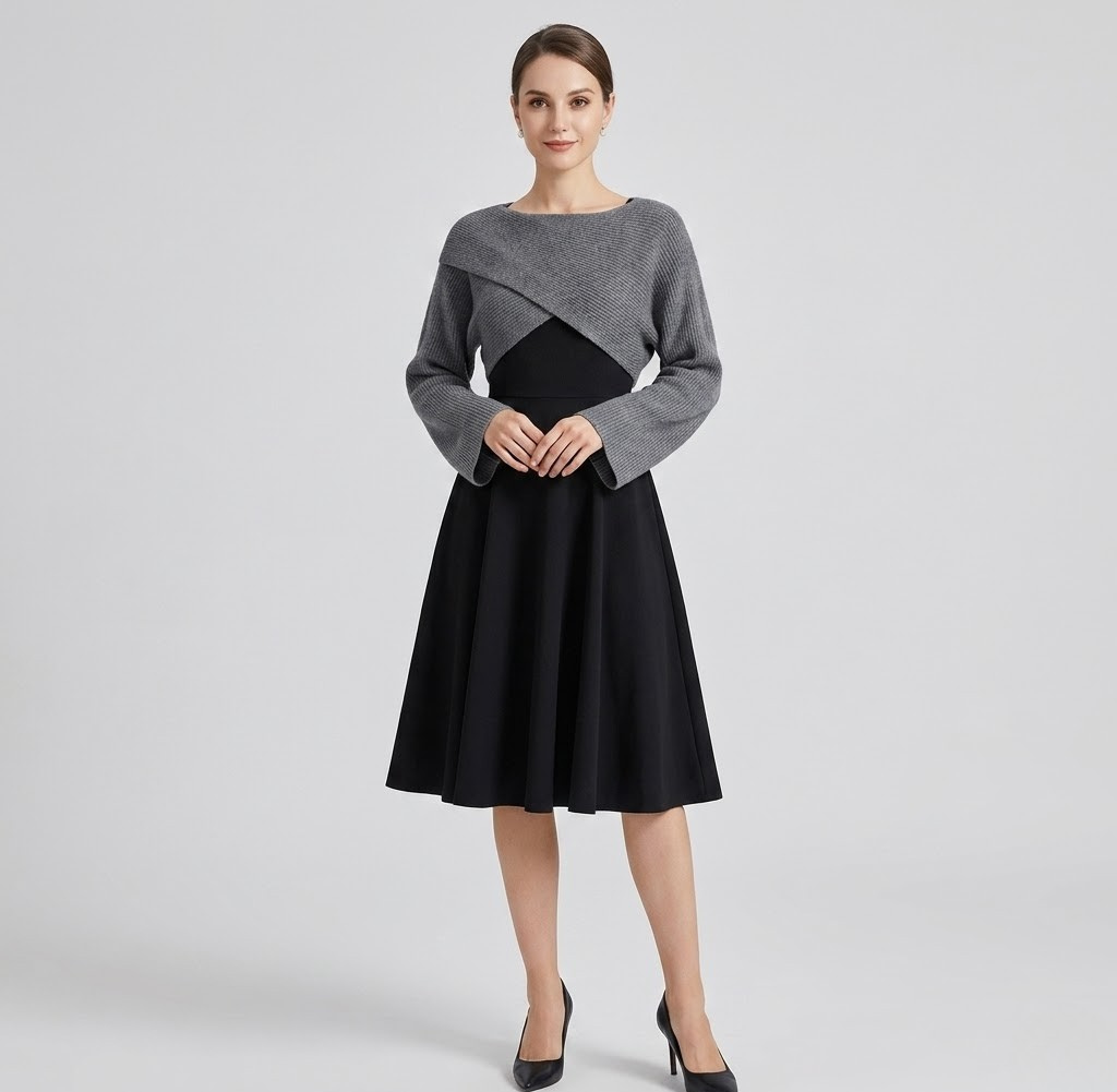 Covernorth A-Line Dress & Cropped Wrap Sweater Set
