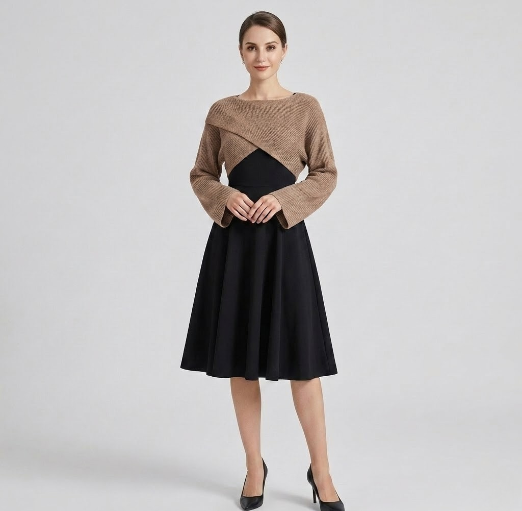 Covernorth A-Line Dress & Cropped Wrap Sweater Set