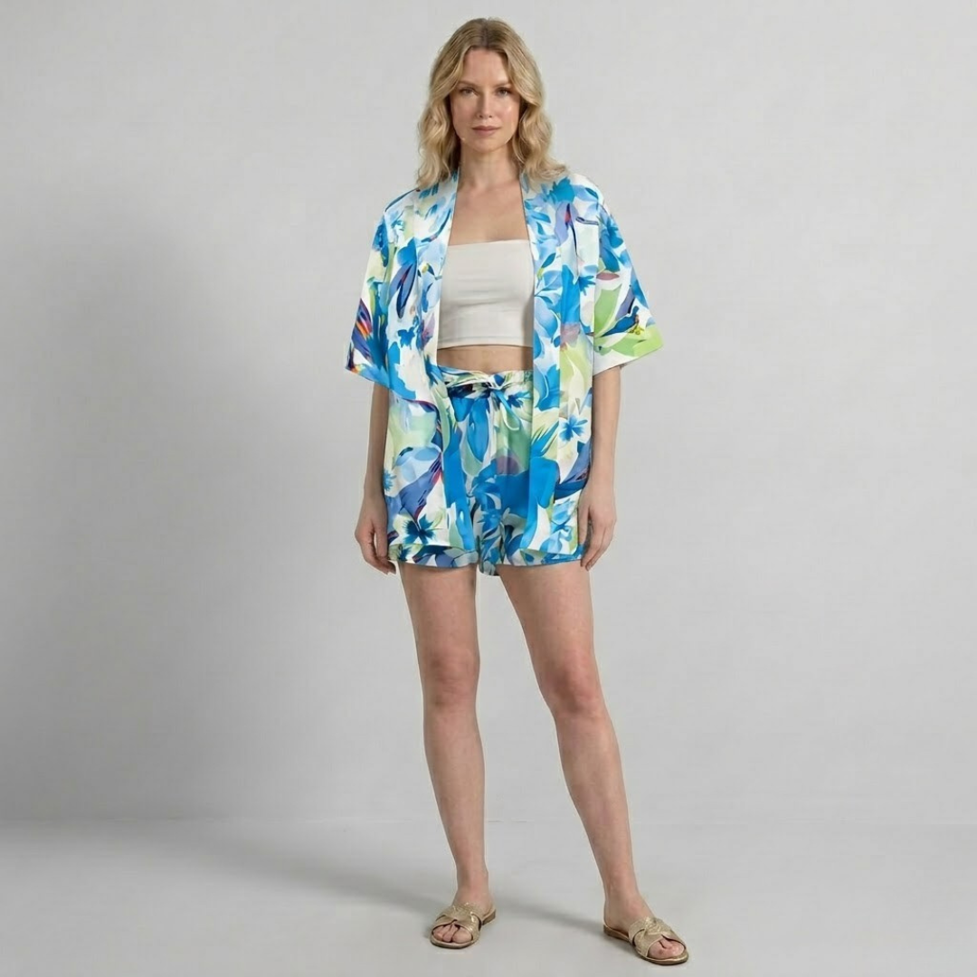 Covernorth Women's Floral Kimono and Drawstring Shorts Set