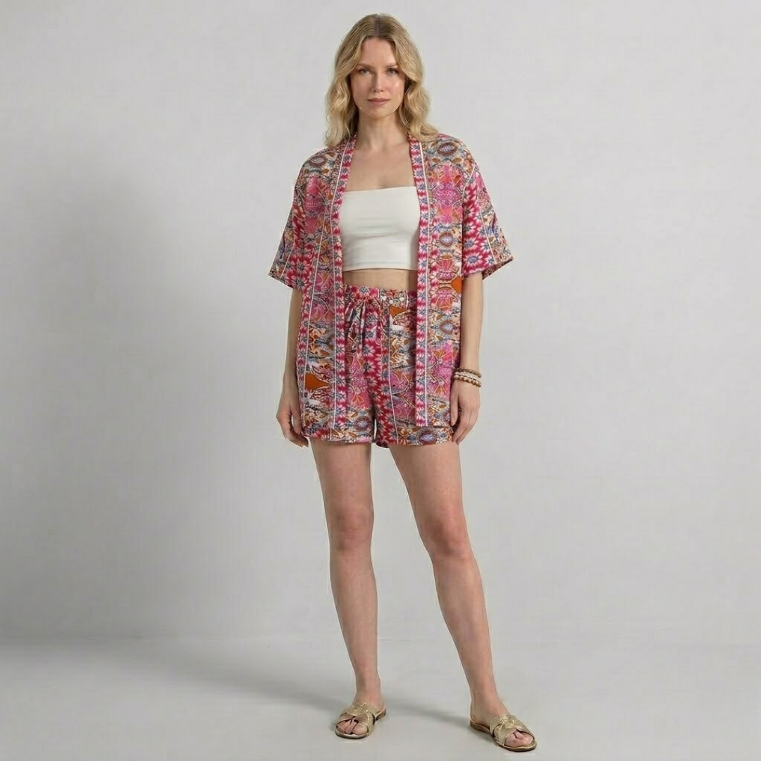 Covernorth Women's Floral Kimono and Drawstring Shorts Set
